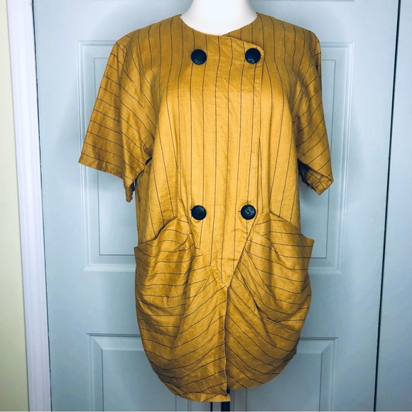 ‘80s Linen Oversize Double Breasted Summer Jacket Blazer Mustard Color Size L - Picture 1 of 11